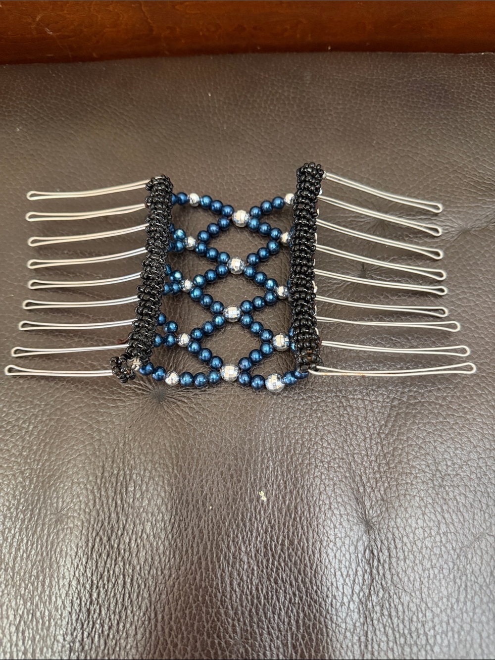 Beaded Blue & Silver Magic Hair Comb in Sheer Gold Flowered Bag